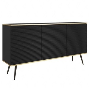 Luxusní komoda 160 cm černá elegantní design stylová drážkovaná čela korpus komody doplněný zlatým lemováním černé kovové nohy