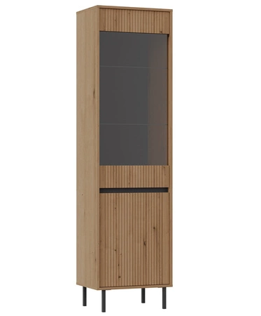 Nástěnná skříňka Osaka dub evoke / černá minimalistický design podtržený módními barvami vysoké kovové černé nohy vkusné rýhované čelo