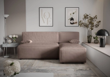 Rozkládací pohovka Brandon světle hnědá pravý roh trojrozměrná pruhovaná tkanina výrazná nádoba na lůžkoviny