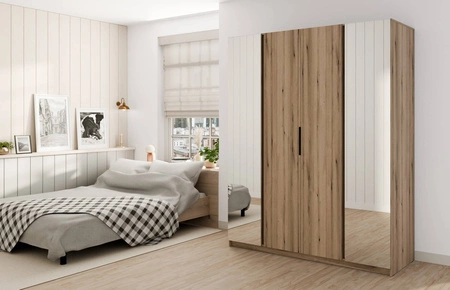 Šatní skříň se zrcadlem Kastano IX 200 cm dub evokuje moderní design šatní skříně určené do ložnice nebo předsíně kovové úchyty