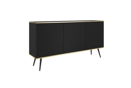 Luxusní komoda 160 cm černá elegantní design stylová drážkovaná čela korpus komody doplněný zlatým lemováním černé kovové nohy