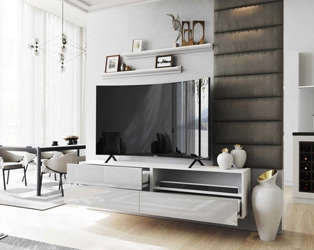 Nástěnná skříňka RTV Neo 172 cm bílá / bílý lesk s policemi Stylová designová TV skříňka s vysoce lesklými čely