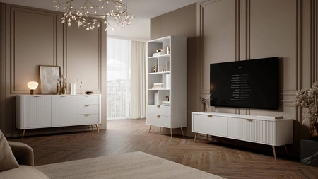 RTV skříňka Lante 163 cm bílá designová TV skříňka v módním stylu zaoblené hrany masivního vkusného rýhovaného čela