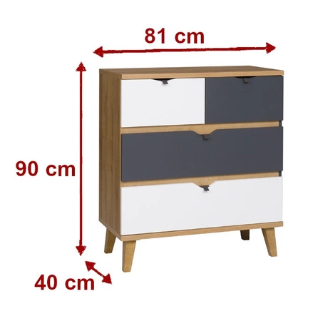 Komoda Memone 81 cm zlatý dub / bílá / grafit ideální komoda do dětského nebo studentského pokoje ve skandinávském stylu