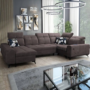 Rohová pohovka Buffalo IV s funkcí spaní hnědá levostranná stylová rohová pohovka se dvěma přihrádkami na lůžkoviny velurová tkanina