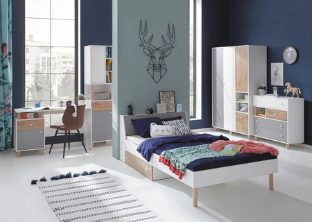 Šatní skříň Beja 120 cm bílá / dub artisam / šedá ideální do pokoje pro mládež použitelná a prostorná má moderní design