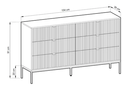 Komoda Lovro 154 cm šedá moderní design potěší milovníky výrazných interiérů drážkovaná čela kovové úchyty