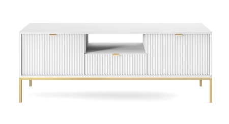 Nábytková sestava Lovro bílá moderní designová nástěnná skříňka do obývacího pokoje nebo zasedací místnosti obohacená o zlaté kovové doplňky