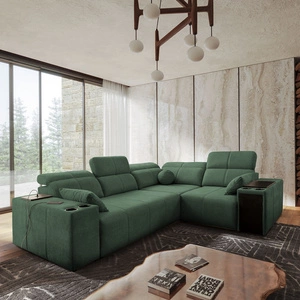 Rohová sedačka s funkcí spaní Tesalia II mátově zelené pravá pohodlná rohová sedačka do obývacího pokoje s posuvným opěradlem nádoba na lůžkoviny