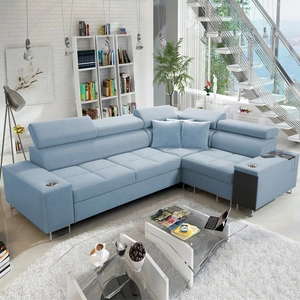 Rohová sedací souprava s funkcí spaní Dafni II modrý samet pravá rohová sedací souprava se zásuvkou na lůžkoviny s plným výsuvem