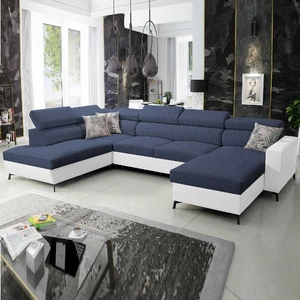 Rohová pohovka s funkcí spaní Savona VI námořnická modrá / bílá pravá pohodlná rohová pohovka do obývacího pokoje se dvěma nádobami na lůžkoviny