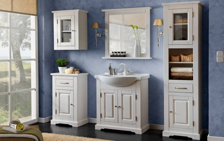 Romantická sada koupelnového nábytku bílá elegantní dřevěné skříňky do koupelny v klasickém stylu vkusné kovové úchytky