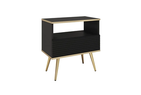 Luxusní noční stolek se zásuvkou černý elegantní design skříňka doplněná zlatým lemováním skříňka s rýhovaným čelem zlaté vysoké nohy