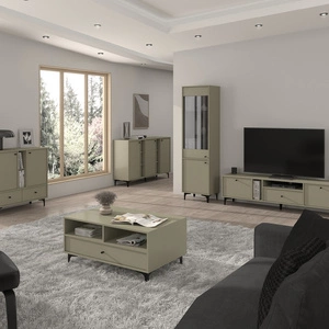 Sestava nábytku do obývacího pokoje Kioto I eukalyptus stylový design elegantní nábytek v tlumených barvách obohacený černými doplňky