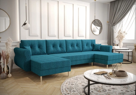 Rohová pohovka s funkcí spaní Wilkins U modrá pohodlná rohová pohovka tkaná látka moderní design, který se hodí do každého interiéru