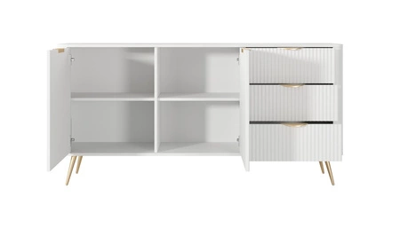 Zásuvková komoda Lante 163 cm bílá vkusná komoda s drážkovanými čely na vysokých šikmých nohách se stylovými úchyty