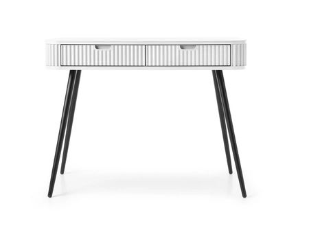 Bílá konzola Zoya se zásuvkami stylový a funkční toaletní stolek zakřivený masivní tvar rýhovaná čela zásuvek kovové nohy