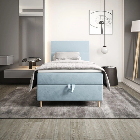 Kontinentální postel Bing 90x200 modrá v moderním skandinávském stylu s čalouněným čelem postele s úložným boxem