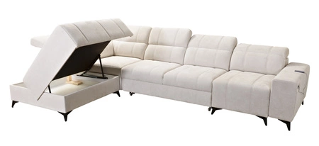 Rohová pohovka s funkcí spaní Penejos XI světle šedá levá pohodlná rohová pohovka s nastavitelnými opěrkami hlavy a dvěma přihrádkami na lůžkoviny