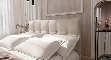 Béžová kontinentální postel Harmony 140x200 v moderním skandinávském stylu s čelem zakončeným ozdobnými knoflíky