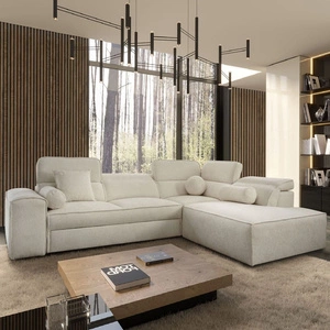 Rohová sedací souprava s funkcí spaní Viano VII krémová pravý roh trendy a stylová s nastavitelnými opěrkami hlavy dekorativní polštáře