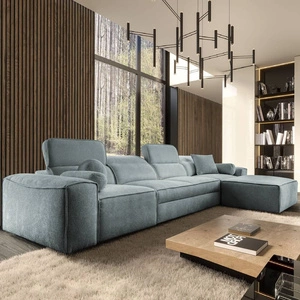 Rohová sedací souprava s funkcí spaní Viano XII šedomodrá pravá rohová sedací souprava se zajímavým tvarem nastavitelné opěrky hlavy dekorativní polštáře