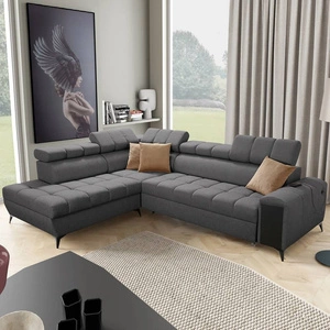 Rohová sedačka s funkcí spaní Bolmso VII grafit levá mimořádně elegantní rohová sedačka do obývacího pokoje se zásuvkou a kontejnerem na lůžkoviny