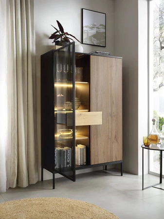 104 cm černá / dubová vitrína wotan se zásuvkou moderní tvar stylové provedení obývacího pokoje systém push to open