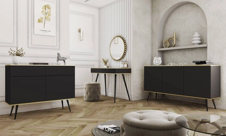Komoda se zásuvkami Luxury 107 cm černá moderní design komoda do obývacího pokoje korpus doplněný zlatým lemováním vysoké kovové nohy