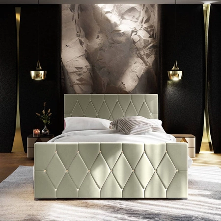 Čalouněná postel Tifton 140x200 béžová s úložným prostorem v moderním stylu s výrazným čelem a nohou s krystaly