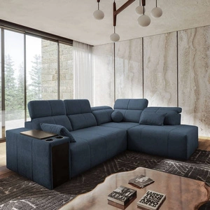 Rohová sedací souprava s funkcí spaní Tesalia VII modrá pravý roh moderní design pohodlný posuvný opěrák zásuvka v boční části nábytku
