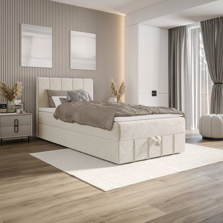 Kontinentální postel Casey 120x200 béžová v moderním skandinávském stylu s čalouněným čelem postele s úložným boxem