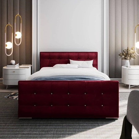 Čalouněná postel Alford 180x200 bordó s úložným boxem v moderním skandinávském stylu s prošívaným podhlavníkem a podnožkou s povrchovou úpravou krystaly