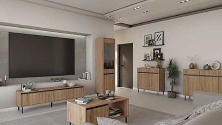Nábytková sestava Osaka dub evoke / černá moderní design podtržený módními barvami vysoké kovové černé nohy vkusné rýhované čelo