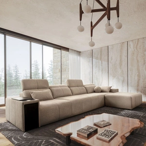 Rohová sedací souprava s funkcí spaní Tesalia XII béžová pravá strana moderní design pohodlný posuvný opěrák zásuvka v boku nábytku