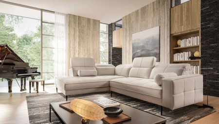 Rohová sedací souprava Samos béžová levá moderní design jednoduchý a stylový korpus, který se hodí do každého interiéru nastavitelné opěrky hlavy
