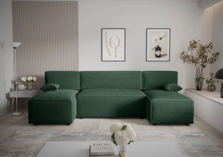 Rohová sedací souprava s funkcí spaní Brandon U zelený kontejner na lůžkoviny trojrozměrná látka s výraznými pruhy