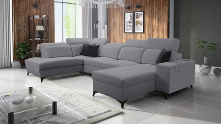 Kelly Sleek VI šedá pravá rohová sedačka s funkcí spaní moderní designová rohová sedačka do obývacího pokoje s nastavitelnými opěrkami hlavy