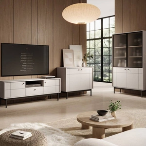 Nábytková sestava Modesta béžový minimalistický design zvýrazněný jemnými barvami rýhované tvrzené sklo vysoké dřevěné nohy