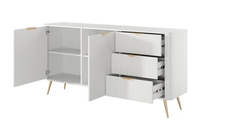 Zásuvková komoda Lante 163 cm bílá vkusná komoda s drážkovanými čely na vysokých šikmých nohách se stylovými úchyty