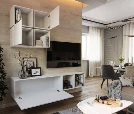 Nástěnná skříňka Perisa bílá / bílý lesk Minimalistický design nástěnné skříňky do obývacího pokoje nebo zasedací místnosti Systém push to open