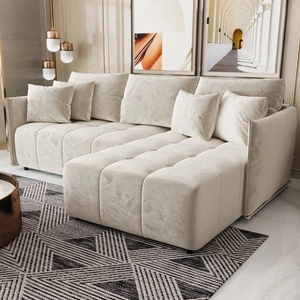 Rohová sedací souprava s funkcí spaní Oroso béžová pravý roh měkká sametová tkanina s hydrofobním potahem nádoba na lůžkoviny