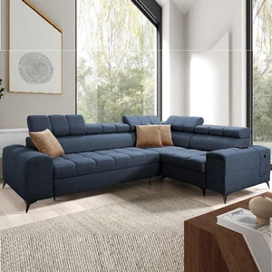 Rohová sedací souprava s funkcí spaní Bolmso II modrá pravostranná rohová sedací souprava s kontejnerem na lůžkoviny s plnovýsuvnou zásuvkou v boku nábytku