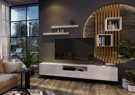 Metoni bílá / bílý lesk univerzální a stylová nástěnná skříňka do obývacího pokoje minimalistický design v moderním prostředí