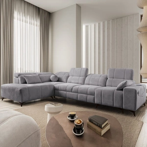 Rohová pohovka s funkcí spaní Penejos XI světle šedá levá pohodlná rohová pohovka s nastavitelnými opěrkami hlavy a dvěma přihrádkami na lůžkoviny