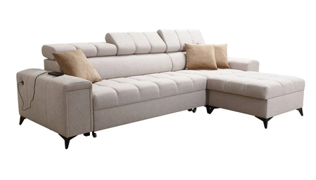 Rohová sedací souprava s funkcí spaní Bolmso šedá pravostranná rohová sedací souprava se dvěma nádobami na lůžkoviny praktická zásuvka v boční části nábytku