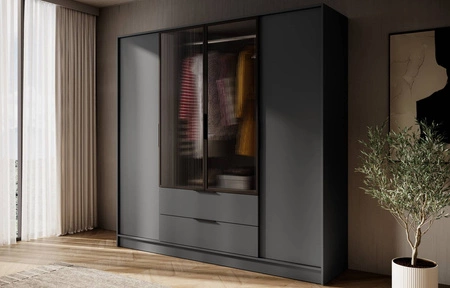Šatní skříň Corse 206 cm grafitová moderní designová šatní skříň se skleněnými předěly ideální do ložnic šatní skříň s tyčí na zavěšení oděvů