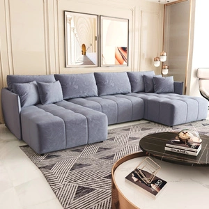 Rohová sedací souprava s funkcí spaní Oroso U modrá lněná nádoba měkká sametová tkanina s hydrofobní vrstvou dekorativní prošívání