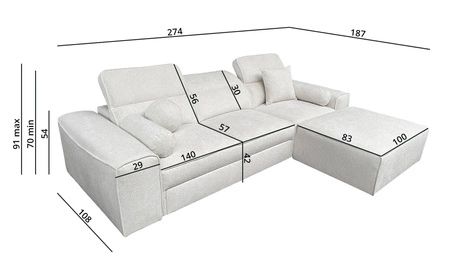Rohová sedací souprava s funkcí spaní Viano krémová pravá strana Stylová rohová sedací souprava zajímavého tvaru s nastavitelnými opěrkami hlavy Dekorativní polštáře