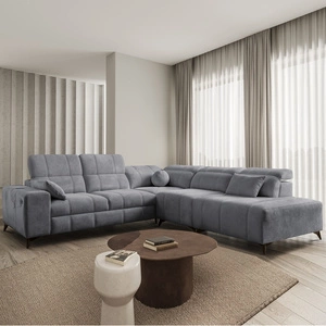 Rohová sedací souprava s funkcí spaní Penejos IX šedá pravostranná stylová rohová sedací souprava s kontejnery na lůžkoviny pohodlné nastavitelné opěrky hlavy